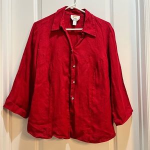 Talbots Irish Linen Button down 3/4 Sleeve Red top Sz 12W armpit to armpit 22”